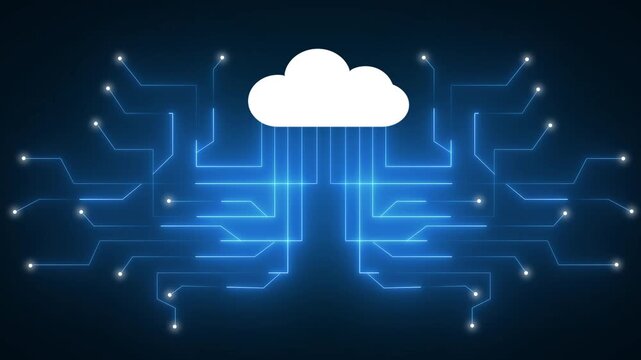 Secure cloud icon connects to advanced circuit board hardware. Modern cloud icon visualizes remote database network storage solutions. Cloud computing technology concept utilizing a cloud icon.
