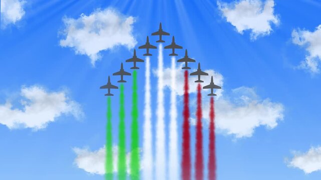 Italian Republic Day animated background with "frecce tricolori" on blue sky with clouds. Planes with green, white and red smoke tails flying in the sky