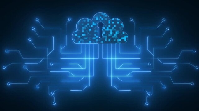 Secure cloud icon protects sensitive database network systems. Advanced cloud icon visualizes encrypted computer server access keys. Cyber security concept utilizing a secure cloud icon.