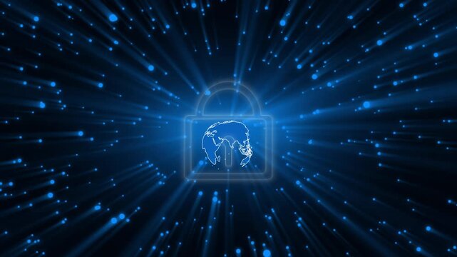 Secure digital lock safeguards international database networks. High tech digital lock protects worldwide cloud computing infrastructure. Cyber security concept utilizing a digital lock.
