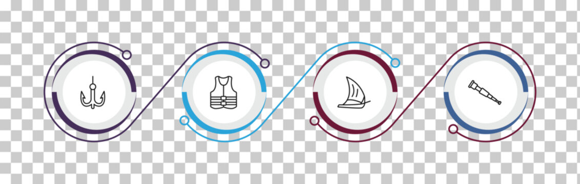 outline nautical icons set - bait, life jacket, felucca, spyglass. editable vector for web and mobile ui