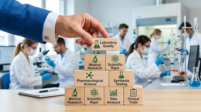 Scientists working in laboratory with wooden cubes on table