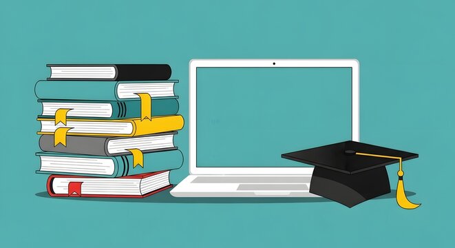 Online education concept with books laptop and graduation cap