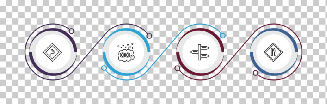 outline maps and flags icons set - curves ahead, co2, divarication, narrow right lane. editable vector for web and mobile ui