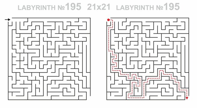 Solved maze vector 21x21 with answer key. Square labyrinth for kids activity. Maze challenge with answers. Easy to use.