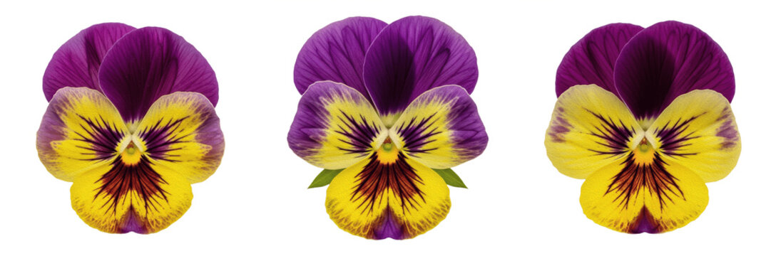 Set and collection of vibrant purple and yellow pansy flower head velvet viola blossom spring garden asset isolated on white transparent png background