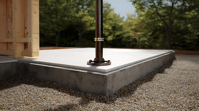 Minimalist Outdoor Foundation with White Slab, Concrete Base, Gravel, and Wood Structure Against Green Trees on a Sunny Day