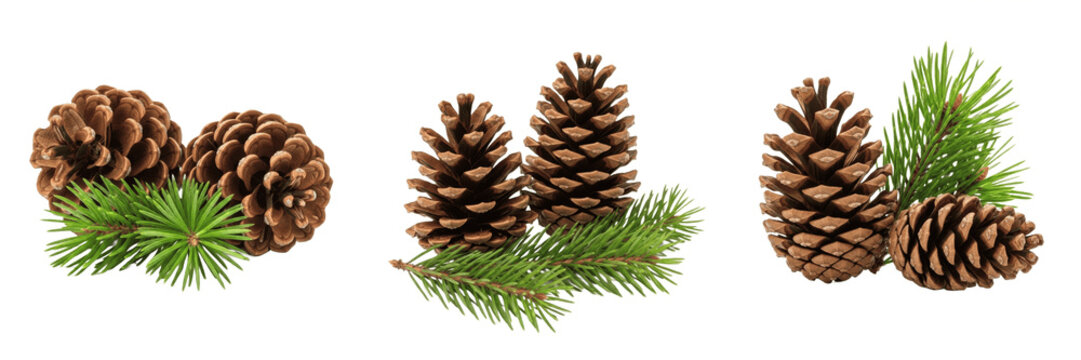 Set and collection of natural dry brown pine cones with green pine needles twigs christmas seasonal decoration isolated on white transparent png background