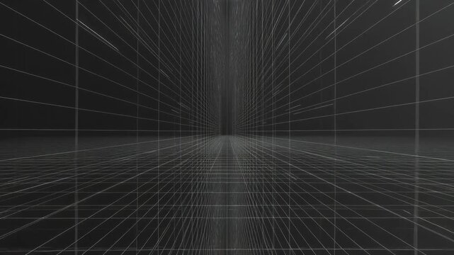 White perspective grid lines forming geometric tunnel in minimalistic style on dark background, concept of digital space