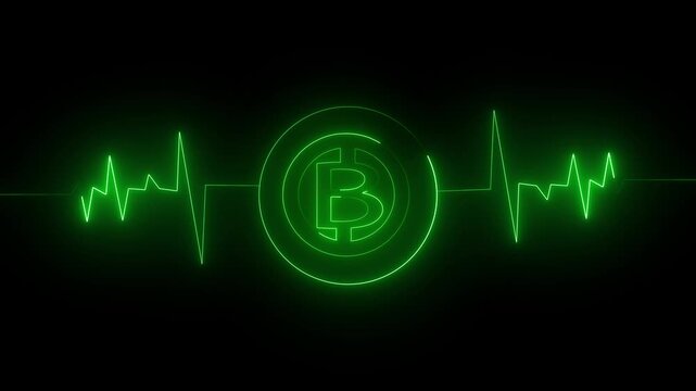 Advanced heartbeat line monitors online bitcoin currency transaction values. Technical heartbeat line visualizes modern financial trading acceleration records. Market metrics with heartbeat line.