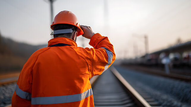 Serious male railway worker in orange high visibility jacket and hard hat stands at dawn, inspect tracks alone, safety inspect