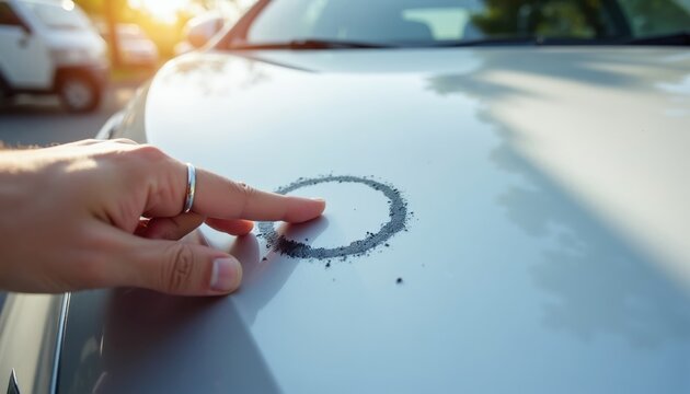 Man inspects car hood damage with finger. Silver auto surface shows circular scratch mark. Exterior vehicle inspection after accident or hail. Car care and maintenance check.