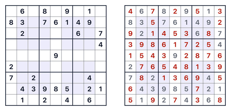 Sudoku puzzle grid template with solution and marked numbers  