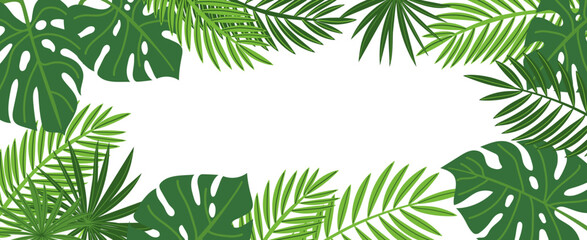 Tropical leaf border. Palm and monstera leaves summer frame background for beach party banner, jungle invitation, exotic poster © Iryna