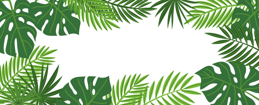Tropical leaf border. Palm and monstera leaves summer frame background for beach party banner, jungle invitation, exotic poster
