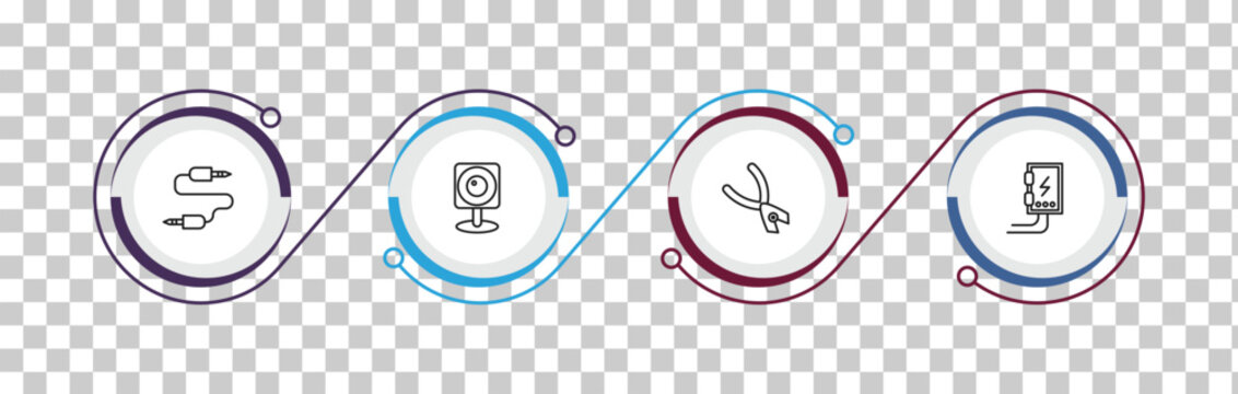 outline electrian connections icons set - audio jack, web camera, pliers, fuse box. editable vector for web and mobile ui