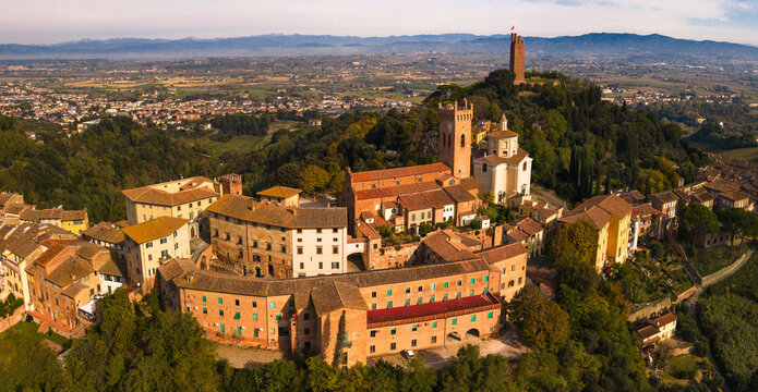  San Miniato hilltop town, Tuscan countryside, Italy Authentic village in heart of Tuscany. Golden light, rolling hills around medieval borgo
