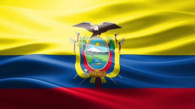 Coat of Arms of Ecuador with Condor on Vibrant Tricolor Flag Background in Wind