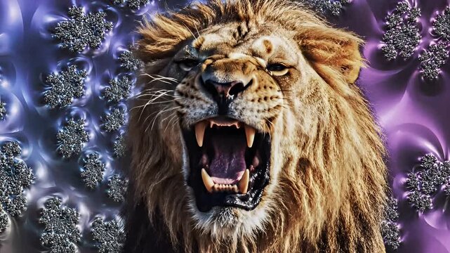 Majestic Lion Roaring with Cosmic Energy Bursting Around.