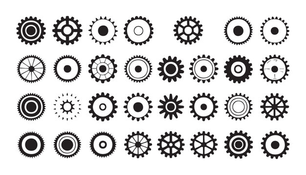 Collection of gears and cogs on gray checkered background vector illustration.
