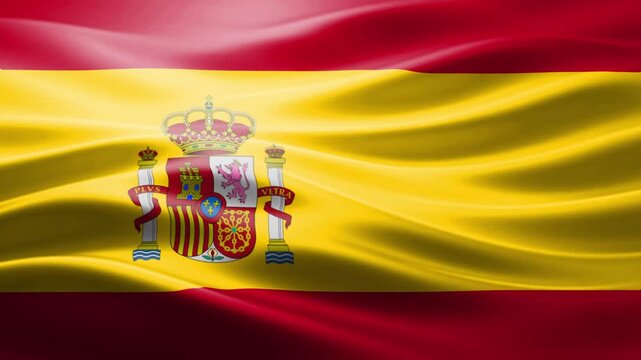 Royal coat of arms emblem on waving national flag with golden yellow and red stripes background