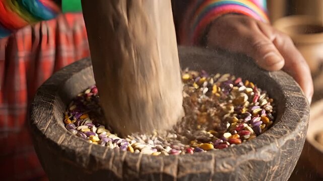 Traditional grinding of colorful grains in a stone mortar by indigenous hands.