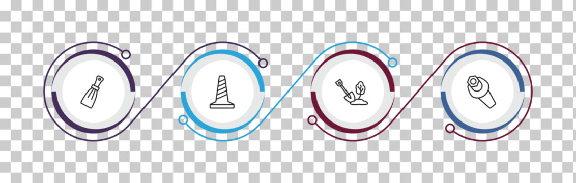 outline construction tools icons set - scratcher tool, road construction, big shovel, wrench and nut. editable vector for web and mobile ui