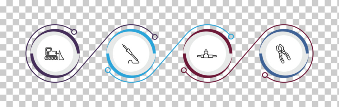 outline construction icons set - bulldozer, iron soldering, plumbing pipes, inclined clippers. editable vector for web and mobile ui