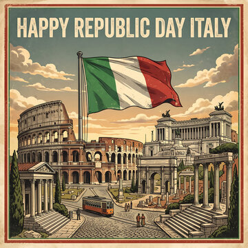 Italian flag waving over rome colosseum and monuments on republic day celebration