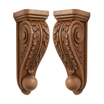 Two decorative carved wooden corbels for interior design isolated on transparent background