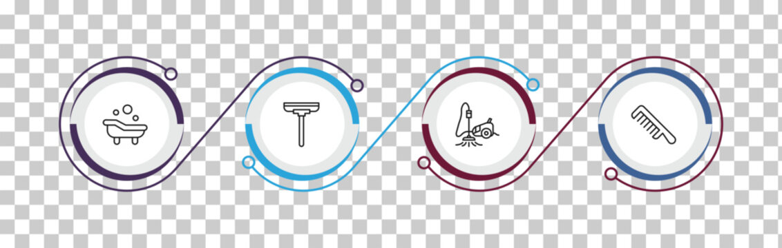 outline cleaning icons set - bathtub cleaning, wiper, vacuum cleanin, comb cleanin. editable vector for web and mobile ui