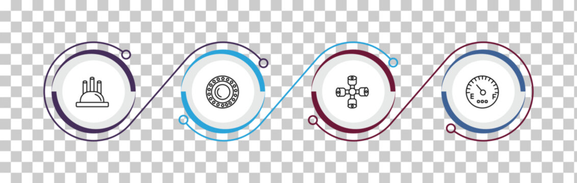 outline car parts icons set - car distributor cap, car bearing, wheel brace, fuel gauge. editable vector for web and mobile ui