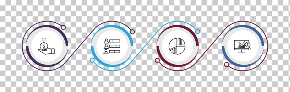outline business and analytics icons set - debt, user stats, data circular chart, dollar analysis bars. editable vector for web and mobile ui