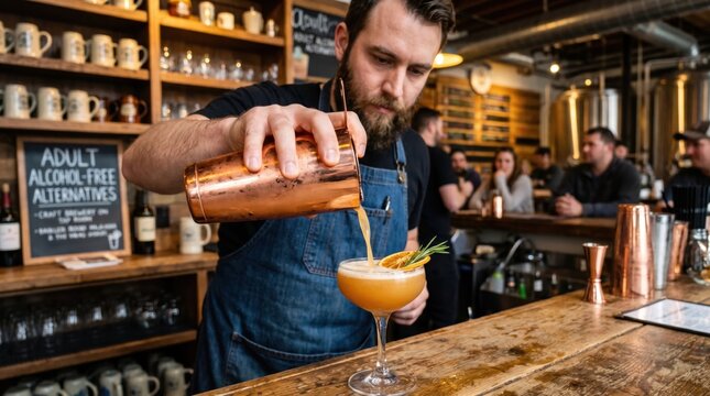 Professional bartender pouring sophisticated non alcoholic alternative cocktail at wooden bar