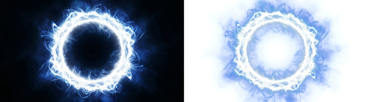 Abstract glowing blue and white energy rings with electric plasma and lightning effects on contrasting black and transparent backgrounds