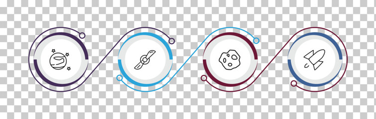 outline astronomy icons set - mars with satellite, airscrew, asteroid, rocket flying. editable vector for web and mobile ui © IconArt