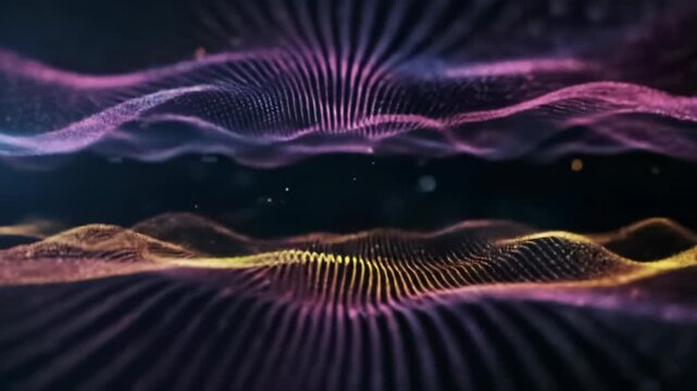 Mesmerizing, energetic abstract video of two undulating bioluminescent waves flowing in black void with cinematic tracking, lens flares. Cosmic energy concept