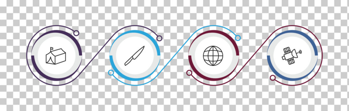 outline army collection. thin icons set - militar tent, knife, planet grid circular, satellite. editable vector for web and mobile ui