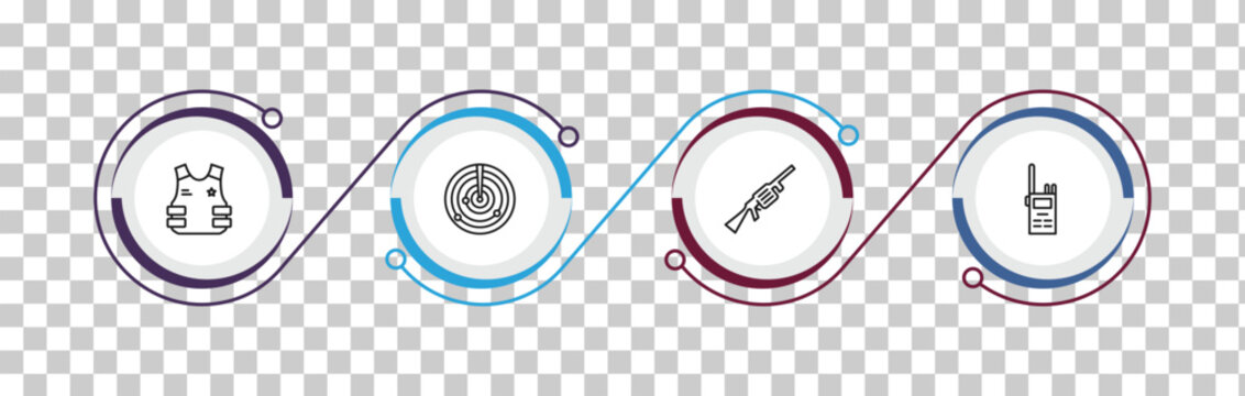 outline army and war icons set - bulletproof, radar, grenade launcher, militar radio. editable vector for web and mobile ui