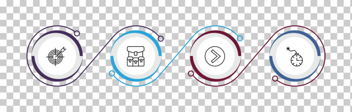 outline army and war icons set - aim, army backpack, chevron, time bomb with clock. editable vector for web and mobile ui