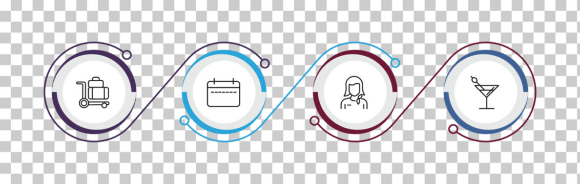 outline airport terminal icons set - luggage trolley, week calendar, stewardress head, martini with olive. editable vector for web and mobile ui