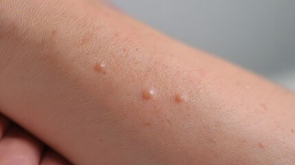 Fototapeta premium Close-up of human skin with visible irritations, rash, pimples, or insect bites on the arm, showing texture and common dermatological conditions