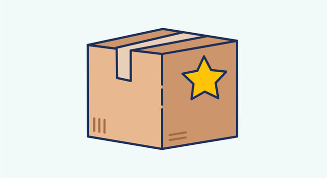 Illustration of A cardboard box with a yellow star sticker on the side is isolated on a plain background.