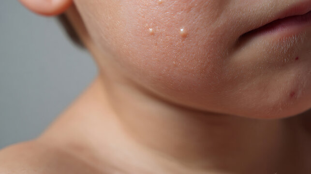 Close-up of human skin affliction, show detail of multiple papules on the face, illustrating skin health and dermatological conditions
