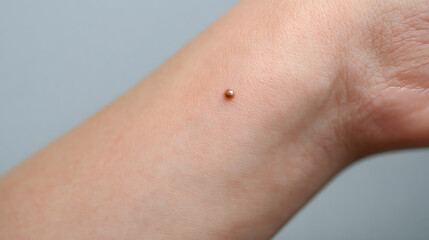 Fototapeta premium Close-up of a small, dark brown nevus or mole on human skin, located on the outer surface of the wrist against a light background