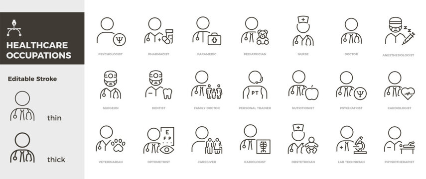 Healthcare job occupations icons. Medical professions, healthcare workers, hospital staff and patient care thin line icon set. Editable stroke vector illustrations.