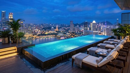 Fototapeta premium Infinity pool with lounge chairs on rooftop terrace overlooking illuminated city skyline at dusk with glowing lights and reflective water