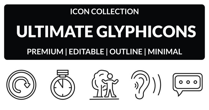 outline ultimate glyphicons icons set - reload circular arrow, time almost full, ear with sound bar, message bubble. editable vector for web and mobile ui