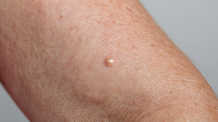 Naklejka premium Close-up of a skin growth on a person's arm, showcasing a detailed view of a harmless skin condition or blemish against a light background