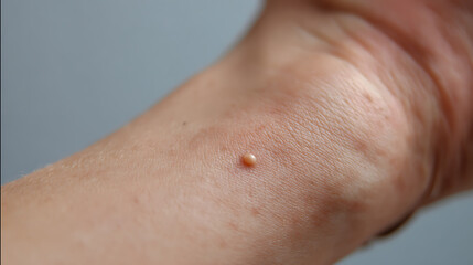 Fototapeta premium Close-up view of a raised skin growth on a person's wrist, highlighting a common, usually harmless dermatological condition on human skin